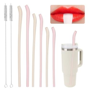 Imagem de 8 canudos de silicone antirrugas para copos Stanley, canudos macios reutilizáveis para copos de 850 g e copos de 1134 g, conjunto rosa e bege com escova de limpeza, ecológico, seguro para lava-louças