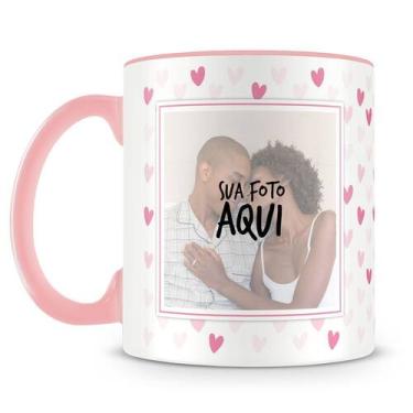 Imagem de Caneca Personalizada Corações Rosa com 2 Fotos - Porcelana de Alto Bri
