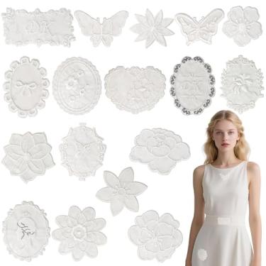 Imagem de Puideon 17 peças de apliques autoadesivos de flores de renda branca, apliques bordados de renda para roupas DIY, chapéus, vestido de noiva de casamento