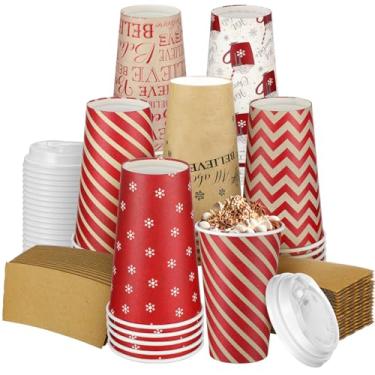 Imagem de Dingion 90 peças/30 conjuntos de copos de café de papel polar de Natal com tampas e mangas 473 ml Vintage Believe Train Hot Cups descartáveis para festa de chocolate quente
