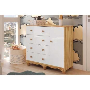 Imagem de Cômoda Infantil Junior 4 Gavetas 1 Porta MDF sem Puxadores Branco Amendoa para Quarto