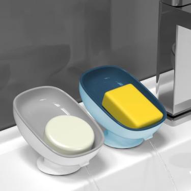 Imagem de 2 peças saboneteira com camada de drenagem, suporte de sabão autodrenagem para pia banheiro chuveiro cozinha, fácil de limpar mantém o sabão seco (cinza + azul)
