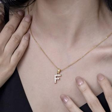 Imagem de Colar com pingente de cristal banhado a ouro 18 K - joia com monograma de strass para presentes personalizados e uso diário, F, Aço inoxidável, Sem Pedra Preciosa