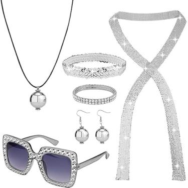 Imagem de Conjunto de 6 peças de roupas de discoteca dos anos 70 para mulheres, tema de discoteca, brincos de fantasia de discoteca, anel, óculos de sol, acessórios de discoteca para