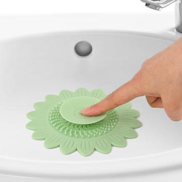 Imagem de 1 pacote com filtro de drenagem com design de flores, apanhador de cabelo verde, protetor de chuveiro de silicone para evitar entupimentos, capa de ralo de piso elegante adequada para banheiros