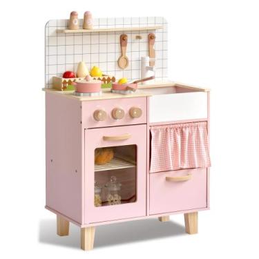Imagem de Jogue Kitchen Leeshyah Pink Wooden Pretend Cooking Toy