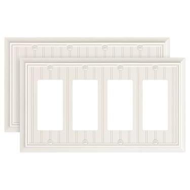 Imagem de Pacote com 2 capas clássicas para interruptores de parede, decoração quádrupla, placa decorativa de amêndoa clara e tampa de tomada, placa de parede de fibra de bambu natural de 4 grupos para tomada