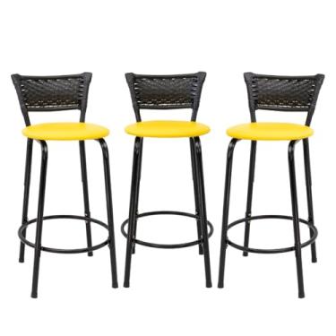 Imagem de Kit 3 Banco Para Bancada Cozinha Gourmet Estrutura Preta Encosto Junco Preto Balcão Ilha Bar Banqueta 60cm Itagold (Assento Amarelo)