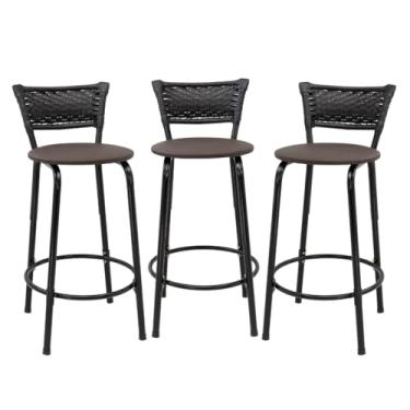 Imagem de Kit 3 Banco Para Bancada Cozinha Gourmet Estrutura Preta Encosto Junco Preto Balcão Ilha Bar Banqueta 60cm Itagold (Assento Marrom Escuro)
