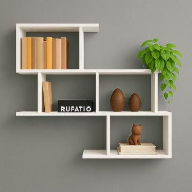 Imagem de Estante de Parede Moderna 80x80x15cm Branca Prateleiras Flutuantes em Formato Geométrico, Decorativa para Sala de Estar Escritório e Quarto
