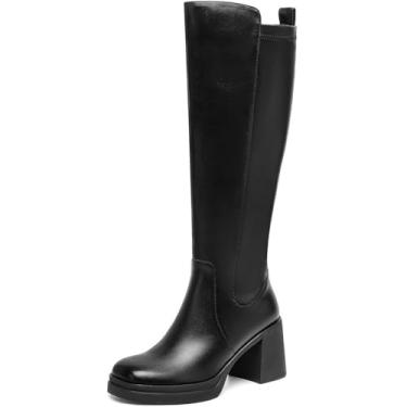 Imagem de TEAIEUI Botas de cano alto femininas plataforma salto grosso bico quadrado bota alta para mulheres salto alto zíper lateral botas longas, Preto, 37