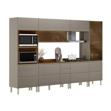 Imagem de Armário de Cozinha Compacta com 2 Vidros Reflecta Proença 8 Portas 8 Gavetas Nude e Nogueira