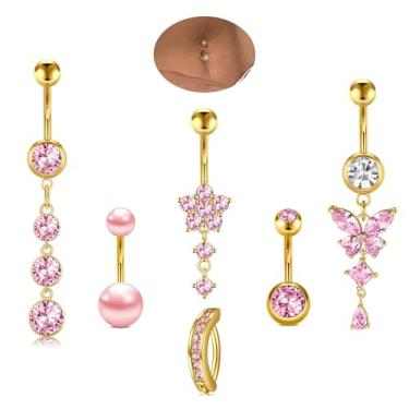 Imagem de Longita Anel de umbigo prateado dourado com pingente de umbigo clicker pendurado pendurado piercing de barriga aço cirúrgico hipoalergênico pérola rosa laço borboleta flor umbigo anéis para mulheres