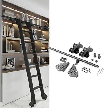 Imagem de Kit de porta de celeiro deslizante preta de 1 a 6 m, biblioteca de escada deslizante, conjunto completo de trilhos com rodízios de piso (sem escada), trilho de escada rolante de tubo redondo de aço