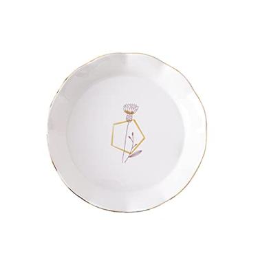 Imagem de Yalych Série polígono de 20 cm, borda dourada e estampa de flor roxa em forma de pétala, salada, massa, fruta, aperitivo, sobremesa, pratos de Natal, pratos de jantar brancos