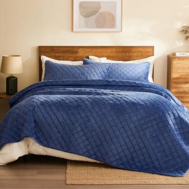 Imagem de L'AGRATY Colcha de veludo tamanho Queen: Conjunto de edredom de veludo de luxo reversível de 3 peças - Colcha de cama acolchoada grande leve com 2 fronhas para todas as estações - Colcha azul marinho