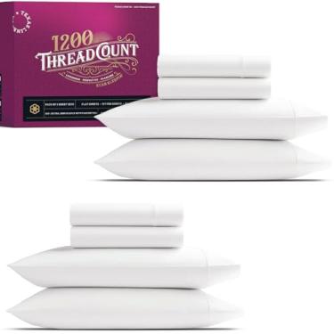 Imagem de TEXAS LINEN CO. Jogo de cama king size 100% algodão egípcio pacote com 2 lençóis de luxo 1200 fios tamanho king (8 peças, branco), bolso profundo de 43 cm, macio, tecido de cetim refrescante coleção