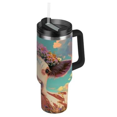 Imagem de SEHANY Copo Highland Cow de 850 g com tampa e canudo, aço inoxidável de vácuo duplo isolado garrafa de água esportiva suporte para copo de café de viagem à prova de vazamento para bebida gelada