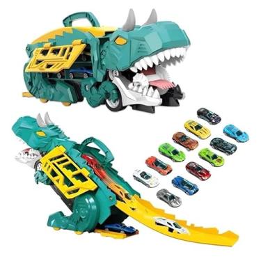 Imagem de Caminhão Dinossauro Transportador T-Rex, Brinquedo 3 em 1 Interativo que Engole Carrinhos, com Pista Dupla de 33,5 cm e 4 Carrinhos Inclusos, Vira Maleta, Presente para Natal (verde)
