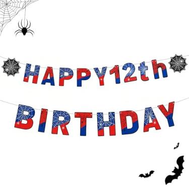 Imagem de Banner de feliz aniversário com tema de aranha – Decorações de festa de super-heróis para crianças, guirlanda de cartolina com glitter azul vermelho com teias de aranha, pano de fundo de aniversário