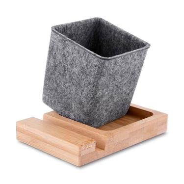 Imagem de Porta-Lápis e Suporte para Celular em Feltro com Base de Bambu – Organizador de Mesa para Escritório e Home Office