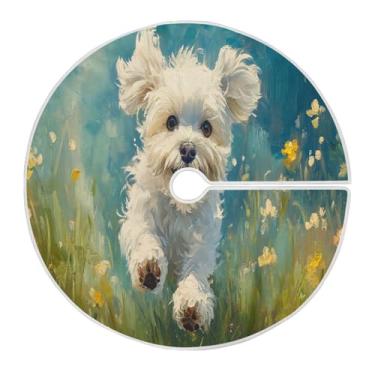 Imagem de CEBUGI Saia de árvore de Natal de 89,9 cm, tapete redondo macio com cordão, saia de árvore de cachorro Havanês branca para decoração de Natal, Halloween, férias em casa