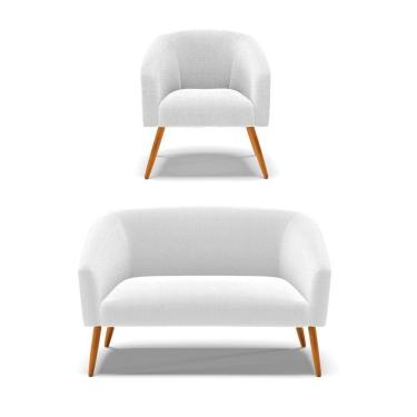 Imagem de Kit 1 Sofá Namoradeira E 1 Poltrona Stella Bouclê Pés Palito Castanho - D'rossi Cor Off White