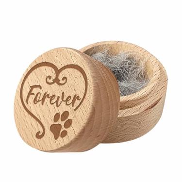 Imagem de CREATCABIN Mini urna redonda de madeira para animais de estimação pequenas urnas para cinzas de pelo de animal de estimação caixa de lembrança com estampa de pata para sempre urnas decorativas