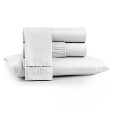 Imagem de Jogo Lençol Completo 3 Peças Cama Casal Queen Ponto Palito 200 fios Micropercal(BRANCO,KING)