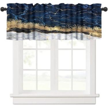 Imagem de SYZWWSYX Cortinas abstratas de mármore, modernas douradas douradas com estampa de mármore em pedra azul marinho, sanefas curtas para cozinha, sala de estar, sala de jantar, quarto, 137 x 45 cm