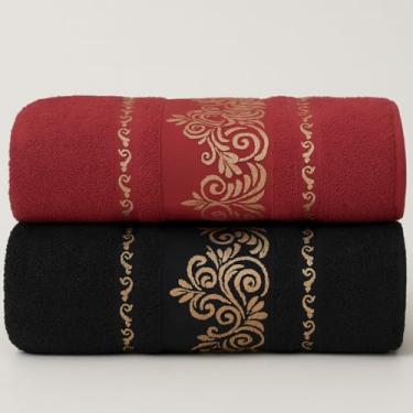 Imagem de Jogo de Toalha de Banho Conjunto de Duas PeçAs 100% AlgodãO Puro Excelente AbsorçãO de áGua Adequado para uso No Banheiro em Viagens Na NataçãO ou Na Academia(Kit 2Toalhas–Preto&Bordô)