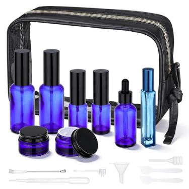 Imagem de Segbeauty Conjunto de 8 garrafas de vaso sanitário Blue Travel Essentials com saco, recipientes de tamanho de viagem recarregáveis, frasco de creme, frascos vazios de spray de perfume de vidro para