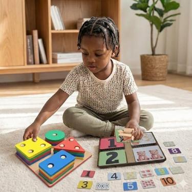 Imagem de Brinquedo Pedagógico Educativo Madeira MDF Prancha Seleção Infantil Encaixe Formas Geométricas (Prancha + Ligue N)