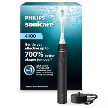 Imagem de Philips Sonicare Escova de dentes elétrica recarregável 4100, com sensor de pressão, 2 configurações de intensidade, SmarTimer e QuadPacer, vida útil da bateria de 14 dias, preta, modelo HX3681/24