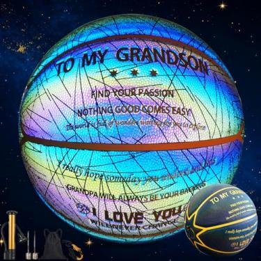 Imagem de YeahShoot Presente para neto, nova bola de basquete que brilha no escuro, tamanho 7, inclui bomba de ar e caixa de presente, perfeita para aniversários de Natal, festivais para mostrar amor (neon