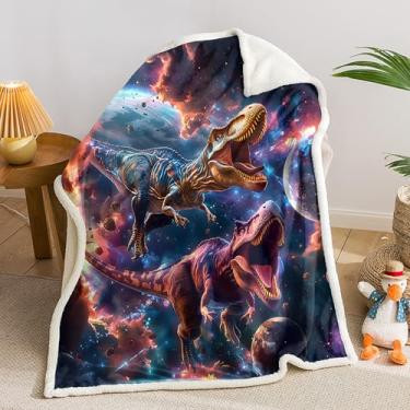 Imagem de AILONEN Cobertor de dinossauro para meninos, cobertor de lã de lã de lã de lã de selva com tema espacial de galáxia, para crianças, cobertor planeta impresso em 3D, decoração de cama/sofá, 140 x 129