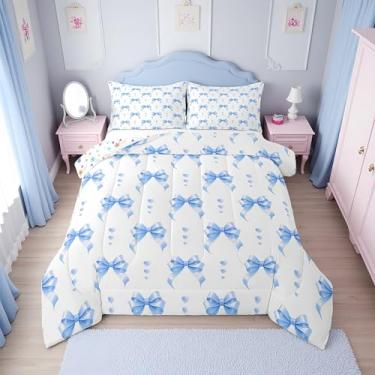 Imagem de Erosebridal Conjunto de cama queen com laço azul para meninas, conjunto de edredom fofo com laço de coquete para crianças, mulheres, princesa azul, laço kawaii, decoração de quarto, 2 fronhas