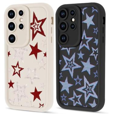 Imagem de Zrutru Pacote com 2 capas fofas Y2K Blue Red Star para Samsung Galaxy S25 Ultra 5G 6,8 polegadas, capas Cool Stars, design estético, capa para meninos e meninas, proteção de lente fina preta e branca