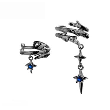 Imagem de ADAIER Brincos de orelha não perfurados, pingentes de estrela de cristal azul, design de envoltório espiral preto para orelhas não perfuradas, brinco de cartilagem com clipe para orelhas não
