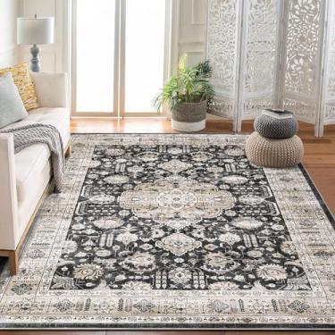 Imagem de GarveeHome Tapete vintage lavável 15 x 23 cm para sala de estar: tapete vintage lavável à máquina com suporte antiderrapante tapete de pilha baixa para quarto, grande sala de jantar, tapete preto