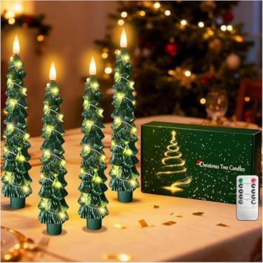 Imagem de QVAIVE Velas de árvore de Natal, velas cônicas sem chama com controle remoto e cordão de luzes, 4 peças de castiçais de Natal verdes de LED operados por bateria para decorações de lareira de férias