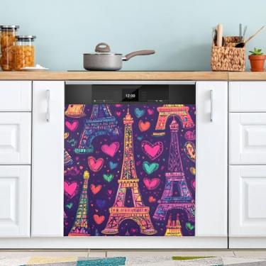 Imagem de ATTX Torre Eiffel coração capa magnética para lava-louças | Adesivo decorativo de eletrodomésticos de 58 x 66 cm para armários domésticos e eletrodomésticos #106