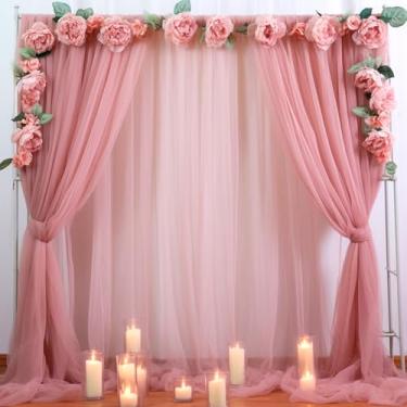 Imagem de Cortinas de fundo de tule translúcido rosa empoeirado de 6 x 3 m para festas de casamento, pacote com 4 cortinas de pano de fundo para fotos para festa de aniversário, chá de bebê, fundo de tecido em