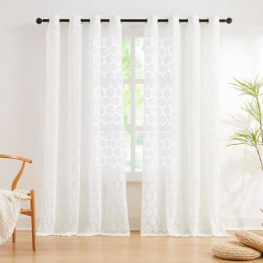 Imagem de Cortinas transparentes de renda branca de 224 cm de comprimento com padrão geométrico bordado cortinas de janela para sala de estar quarto elegante painéis de renda transparente cortinas de filtragem