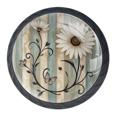 Imagem de DragonBtu 4 maçanetas redondas de 3,5 cm flores em tábuas de madeira vintage puxador de armário de cozinha preto puxador de gaveta puxador de cômoda com parafusos decoração de móveis