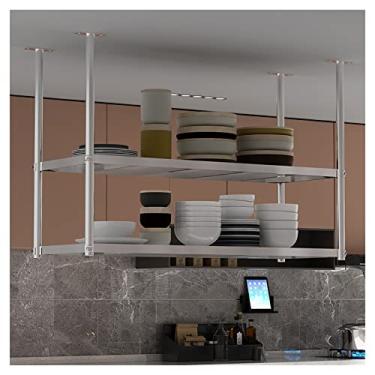 Imagem de Prateleira de montagem no teto de aço inoxidável de 2 camadas, prateleiras flutuantes suspensas, rack de armazenamento para bar de cozinha de restaurante, comprimento 60/70/80/100/120 cm fácil