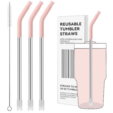 Imagem de Prurex Canudos de metal reutilizáveis com ponta de silicone para Stanley 600 ml, canudos de aço inoxidável para copo de 590 ml, 3 tubos retos e 6 pontas e 1 escova Cleanr (quartzo rosa)