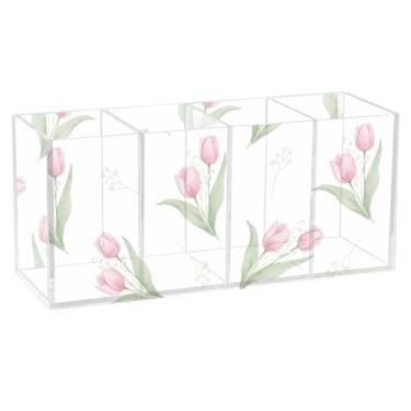 Imagem de Burbuja Porta-canetas de acrílico Tulipas com 4 compartimentos, suporte de lápis transparente para pincéis de maquiagem fixos, acessórios de mesa de escritório em casa