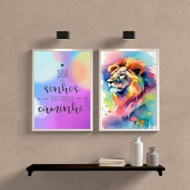 Imagem de Kit 2 Quadros Leão Aquarela 24x18cm - Branco com Vidro