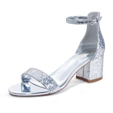 Imagem de GENSHUO Sandálias femininas de salto baixo com tiras e bico aberto, salto confortável, sexy, bonito, tira no tornozelo, festa de casamento, formatura, verão, sapatos de salto alto, Glitter prata, 37
